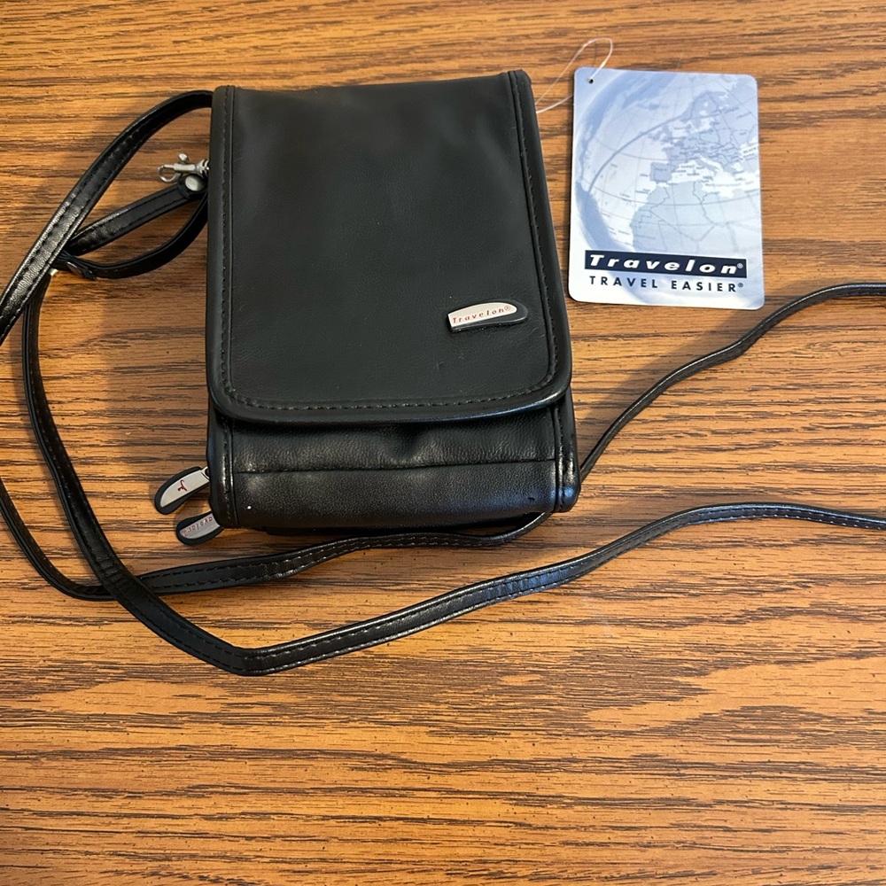 New With Tags Travelon Black Leather Crossbody Bag